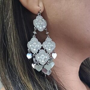 Silver tone floral chandelier dangling hearts with rhinestones boho earrings